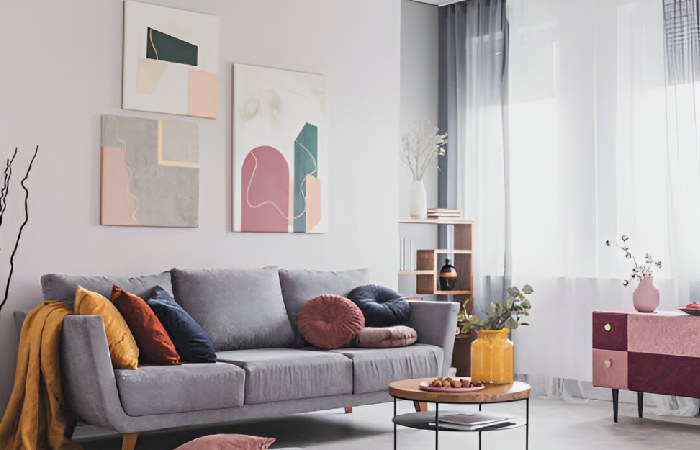 Abstract Paintings White Wall -Gray Sofa